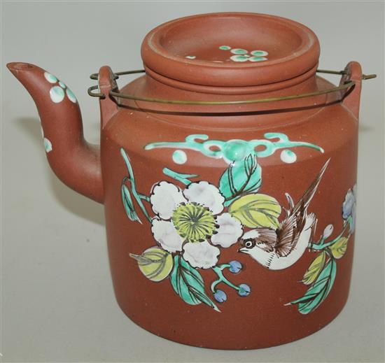 A Chinese Yixing enamelled pottery teapot and cover, second half 19th century, height 14cm excl. handle